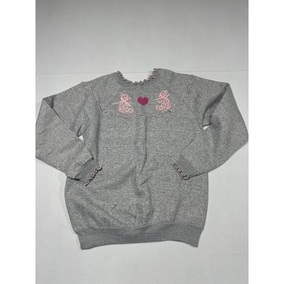 RARE Vintage Tultex Gray Crew Neck Pink Ruffle‎ Teddy Bear Heart Applique Large - Picture 1 of 6